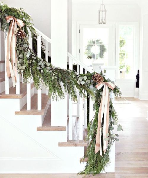 christmas trees, christmas wreaths on staircase, staircase wreath